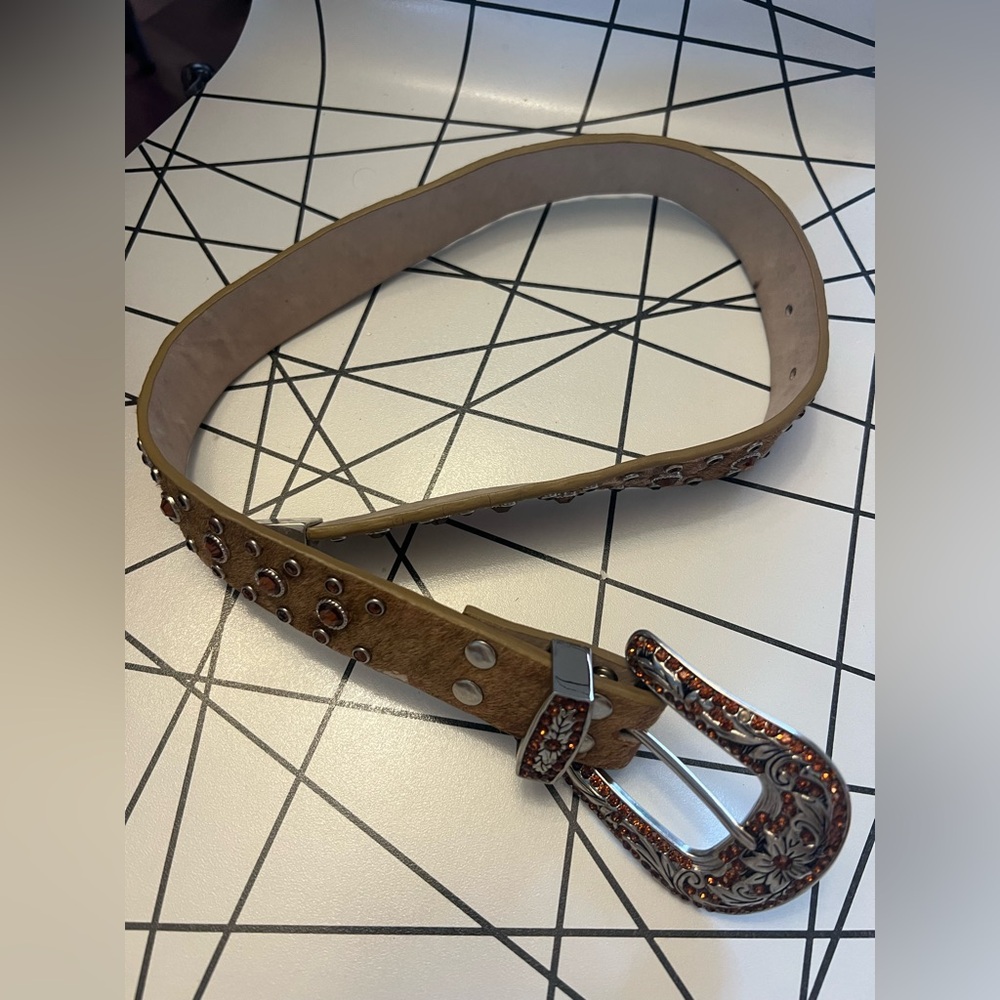 Western cowgirl leather belt calf skin tan & bronze rhinestone